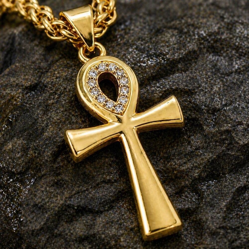 Gold Ankh Necklace Hypoallergenic 18K Gold 2MM Rope Chain Stainless Steel